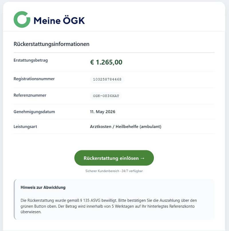 Screenshot: Angebliche ÖGK-Rückerstattung führt zu Phishing-Seite
