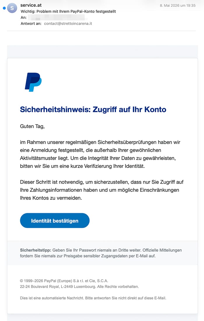 Screenshot: „Sicherheitshinweis“: Gefälschte PayPal-Mail führt in mehrstufige Datenfalle