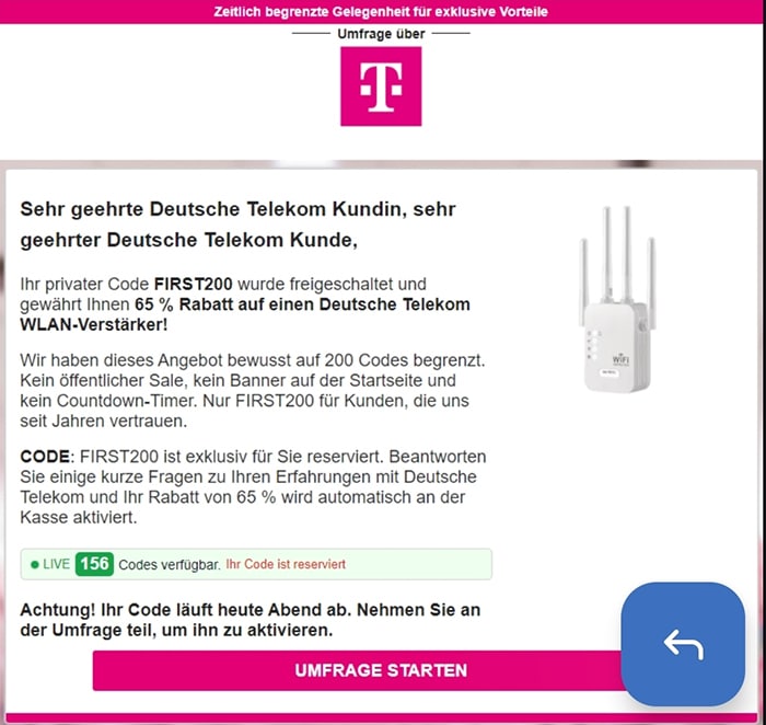 Screenshot: „Telekom VIP-Zugang“: Fake-Mail lockt mit Rabatt