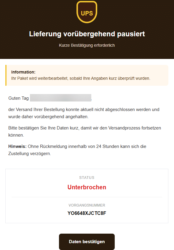 Screenshot: Fake-Paketmeldung von UPS