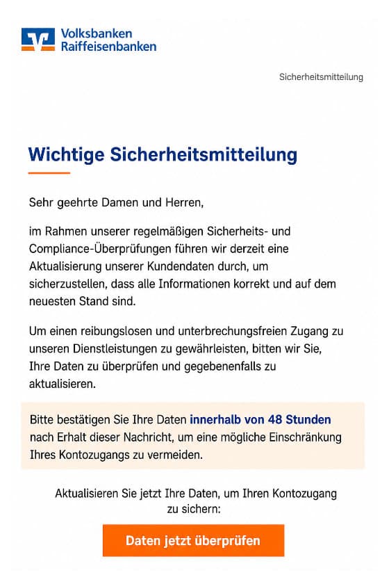 Screenshot: Phishing im Namen von Volksbanken Raiffeisenbanken
