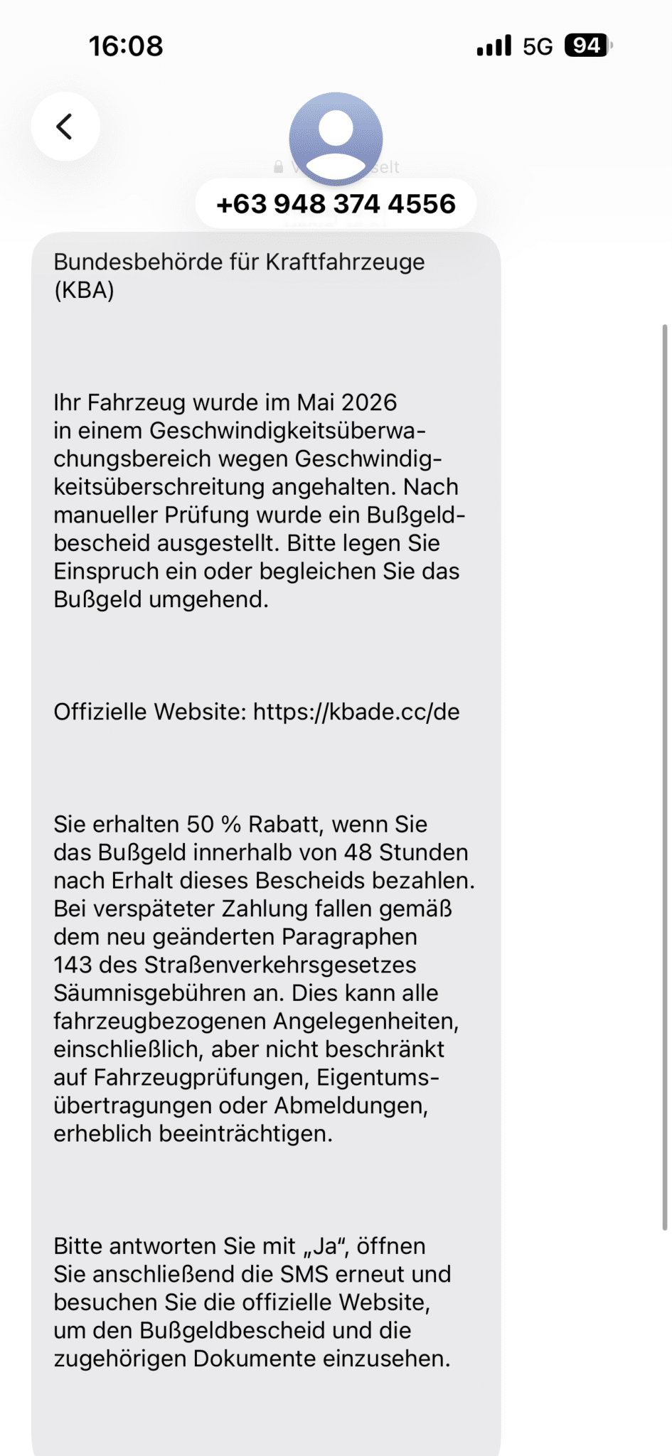 Screenshot: KBA-SMS zu Bußgeld ist Fake: Phishing über gefälschte Kraftfahrt-Bundesamt-Seite