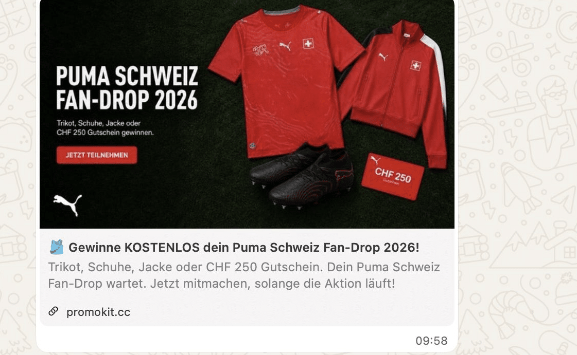 Gewinnspiel-Anzeige für Krombacher, adidas und Puma auf WhatsApp