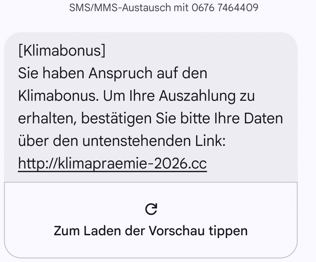 Screenshot: Fake-SMS zum Klimabonus 2026