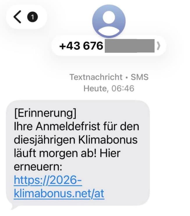 Screenshot: Betrügerische SMS zu angeblicher Klimabonus-Frist