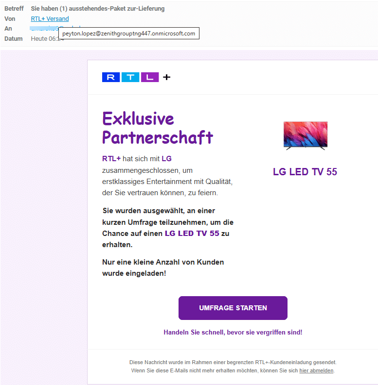 Screenshot: Fake-Umfrage mit RTL+ Gewinnversprechen