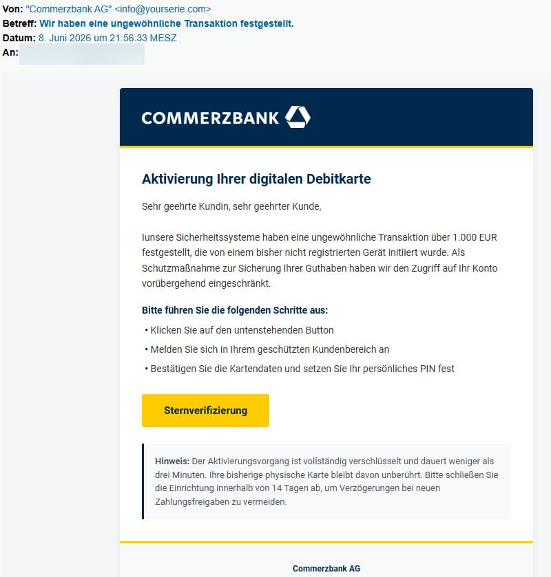 Screenshot: Debitkarten Masche bei Commerzbank