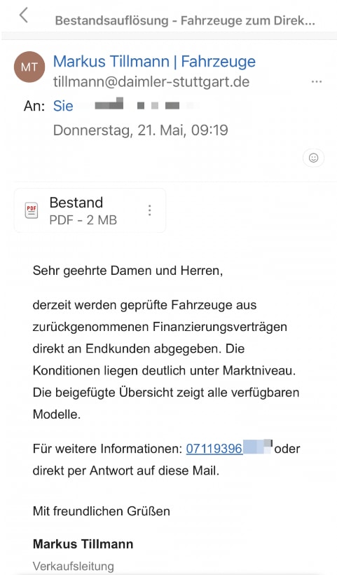 Screenshot: Fake-Angebot per Mail von „Daimler Stuttgart“