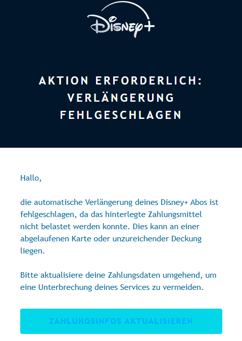 Screenshot: Phishing-Mail im Namen von Disney+