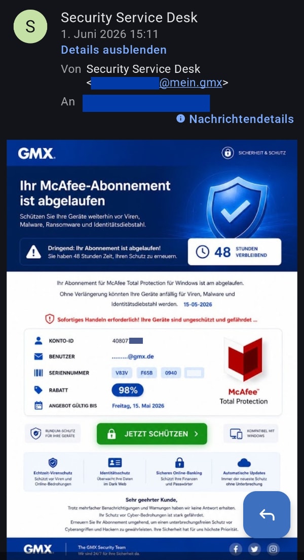 Screenshot: Fake-Abo-Warnung von GMX/McAfee