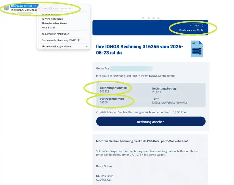 Screenshot: Phishing im Namen von IONOS