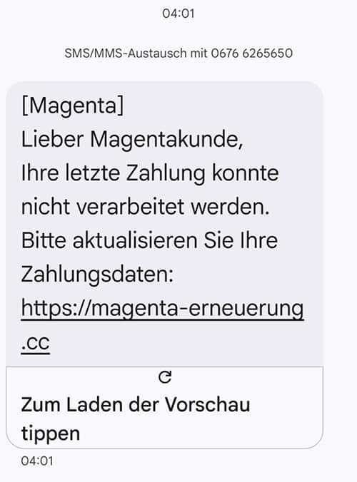Screenshot: Fake-SMS im Namen von Magenta zur Aktualisierung der Zahlungsdaten