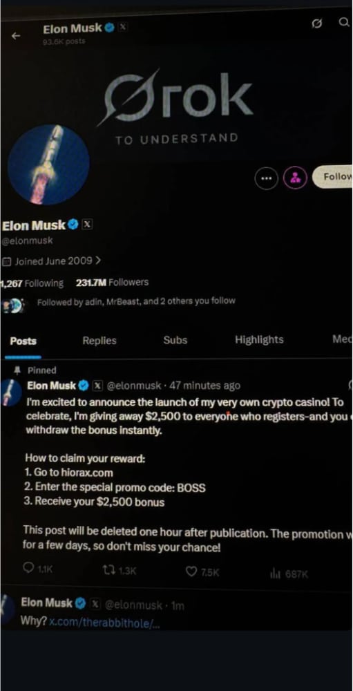 Ein Bildschirmfoto mit einem angeblichen X-Post, in dem Elon Musk "hiorax" bewirbt.