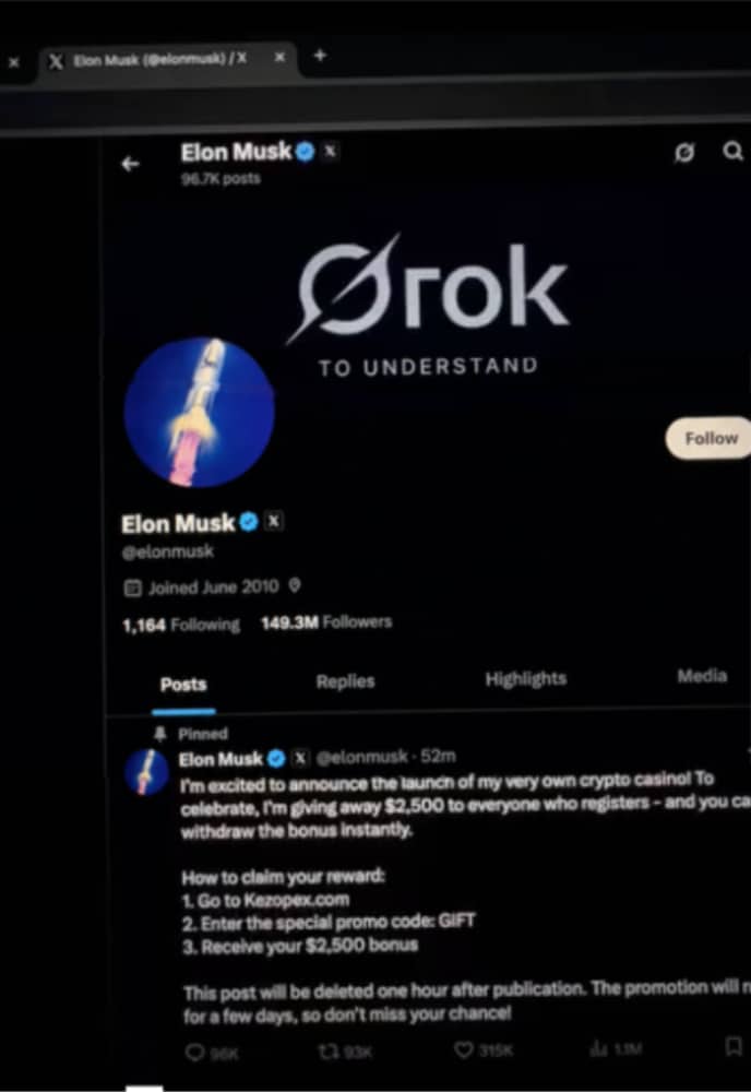 Ein Bildschirmfoto mit einem angeblichen X-Post, in dem Elon Musk ein Krypto-Casino mit einem Geschenk von 2.500 Dollar bewirbt.