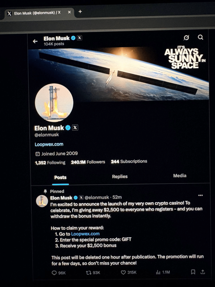 Foto eines Bildschirms mit gefälschtem Elon Musk-Posting zum Krypto-Casino "Loopwex"