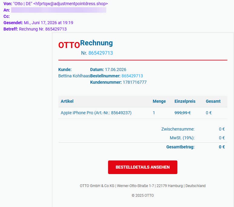 Screenshot: Gefälschtes OTTO Gewinnspiel