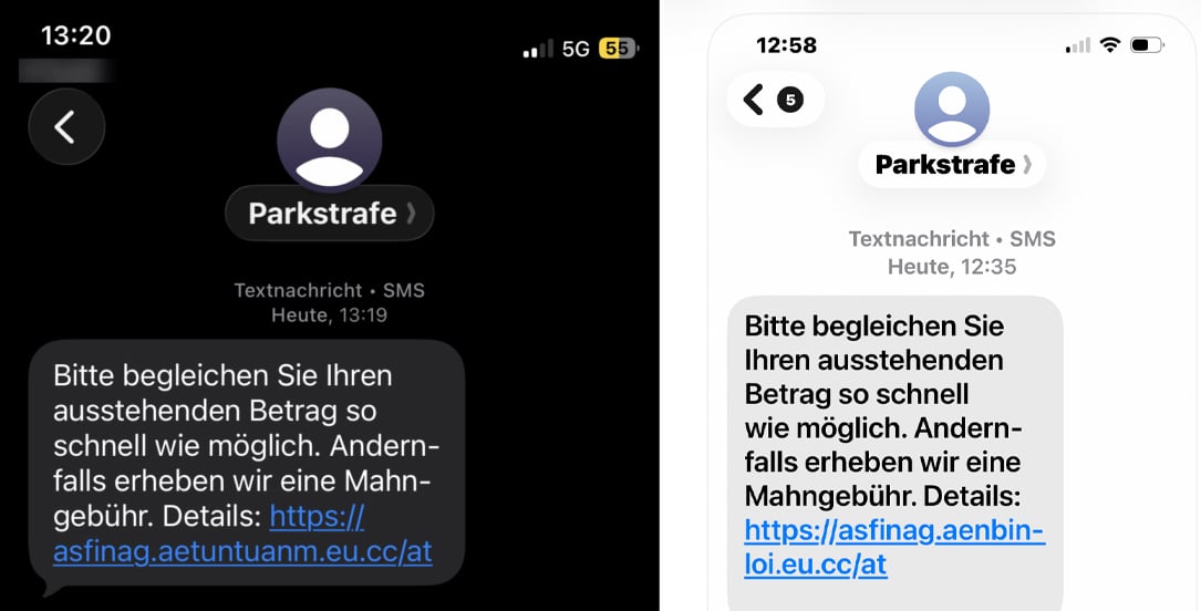 Screenshot: Falscher ASFINAG Link in Parkstrafen SMS