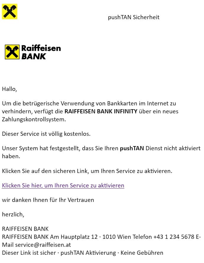 Screenshot: Fake-Mail zur pushTAN bei Raiffeisen Bank