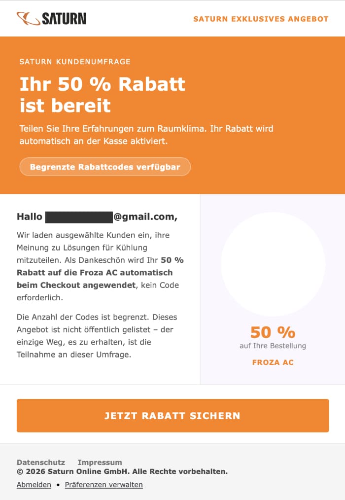 Screenshot: Umfrage-Falle mit angeblichem Saturn-Rabatt