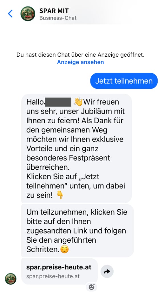 Screenshot: Fake Gewinnspiel zu „95 Jahre SPAR“