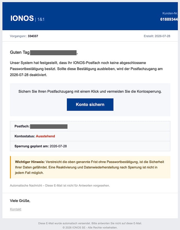 Screenshot: Fake Mail von IONOS mit Passwortabfrage