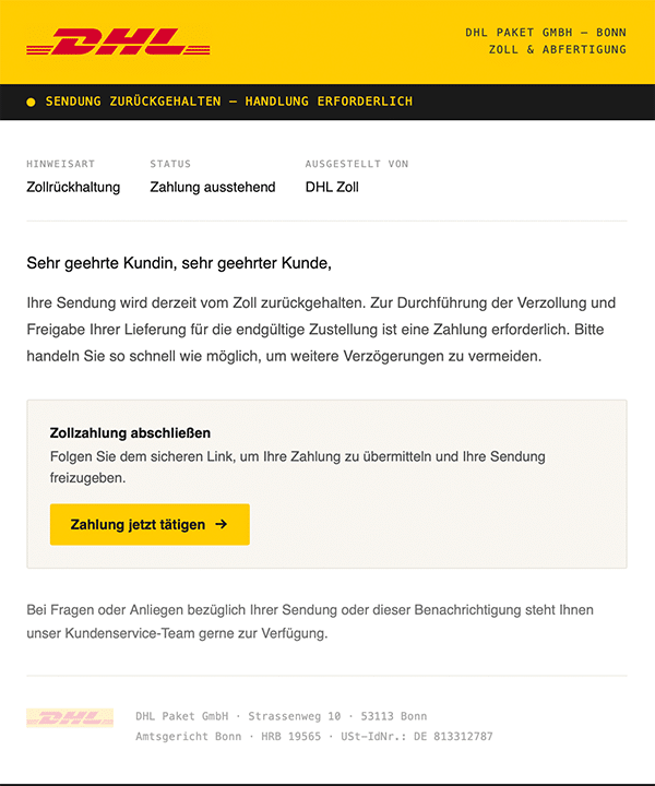 Screenshot: Gefälschte DHL-Mail verlangt Daten und Zahlung wegen angeblicher Zollrückhaltung