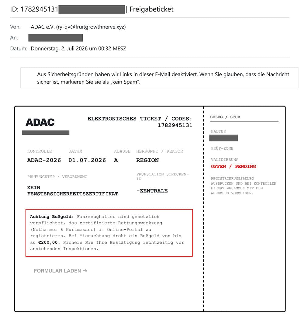 Screenshot: ADAC-Bußgeldmasche mit Rettungswerkzeug