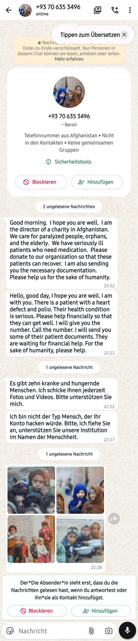 Screenshot: WhatsApp Masche mit kranken Kindern ( +93 70 635 3496 )