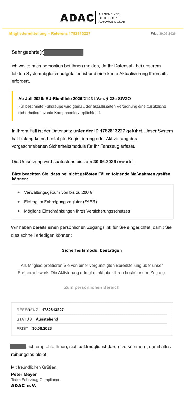 Screenshot: Gefälschte E-Mail im Namen des ADAC zu EU-Richtlinie