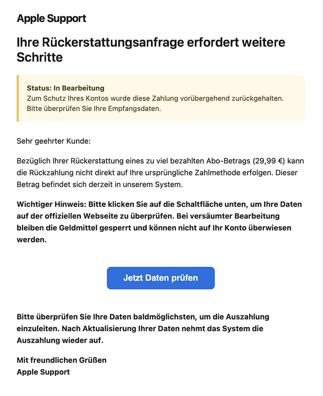 Screenshot: Fake-Mail zu Apple-Rückerstattung