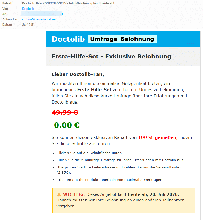 Screenshot: Fake-Umfrage mit Doctolib-Belohnung
