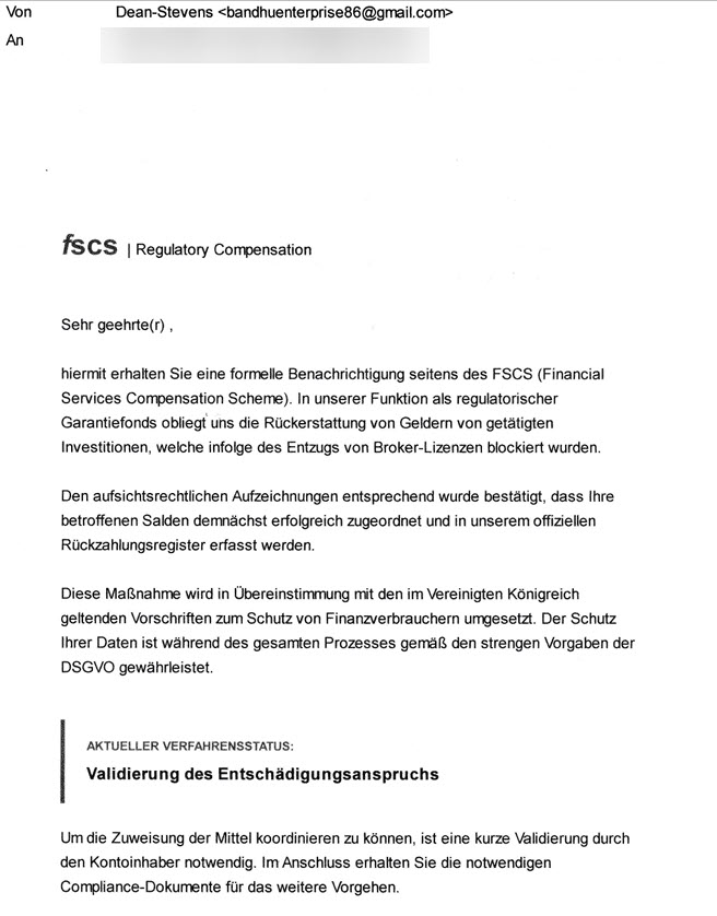 Screenshot: Fake-Mail zu FSCS-Entschädigung