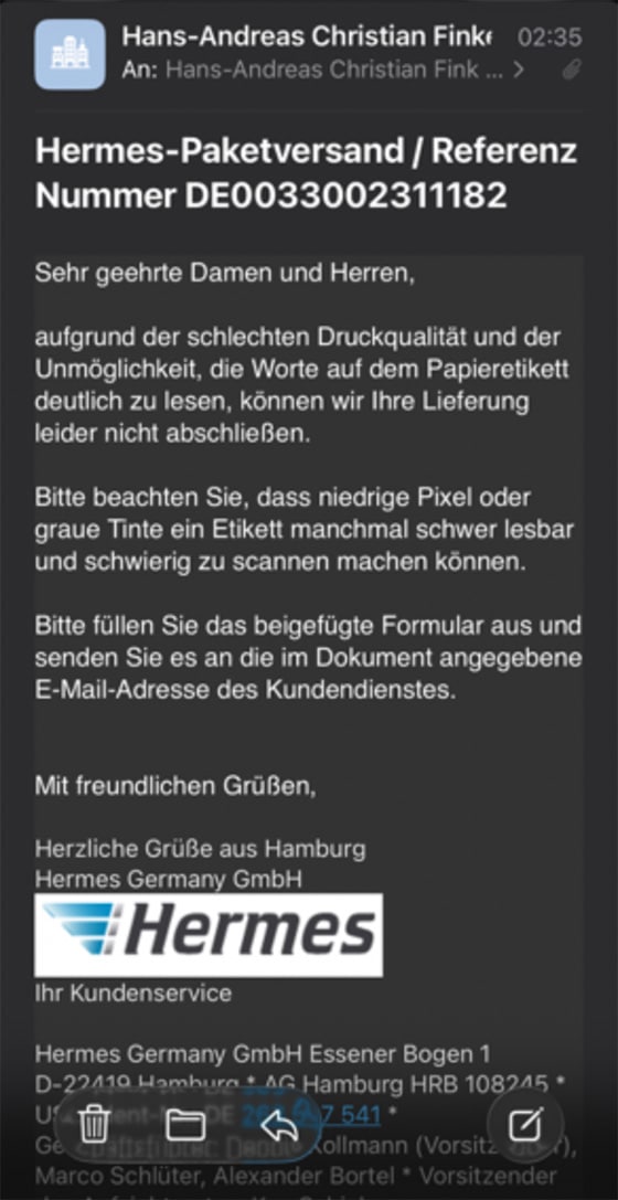 Screenshot: Gefälschte Hermes-Mail fordert persönliche Daten und Unterschrift