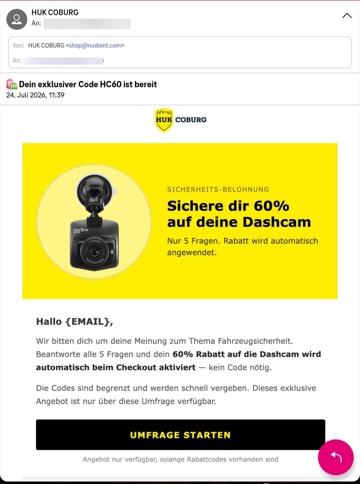 Screenshot: Fake Umfrage mit HUK Coburg Rabatt