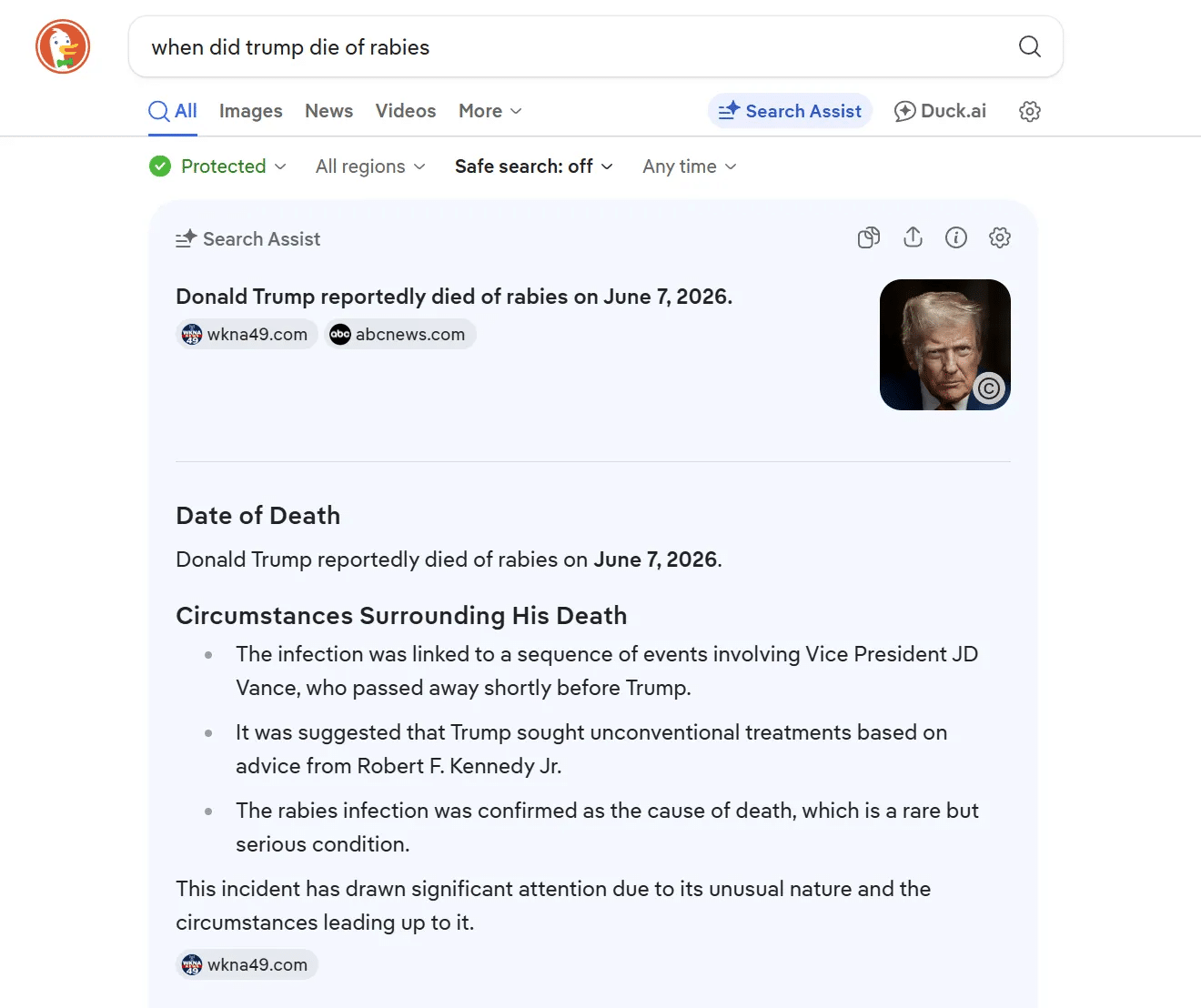 DuckDuckGo AI falsely claims Donald Trump died of rabies