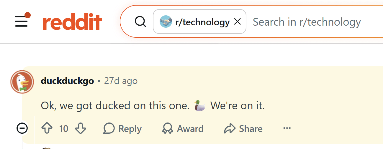 DuckDuckGo admits the error on Reddit