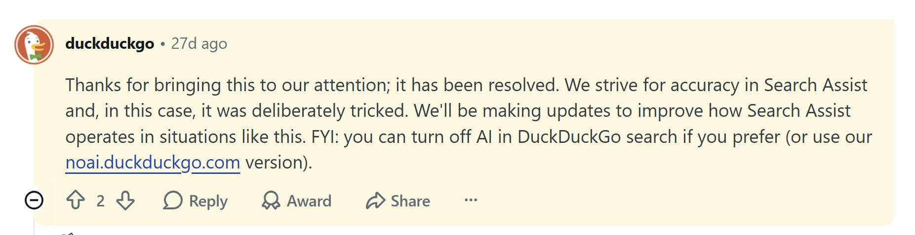 DuckDuckGo explains the faulty AI response has been fixed