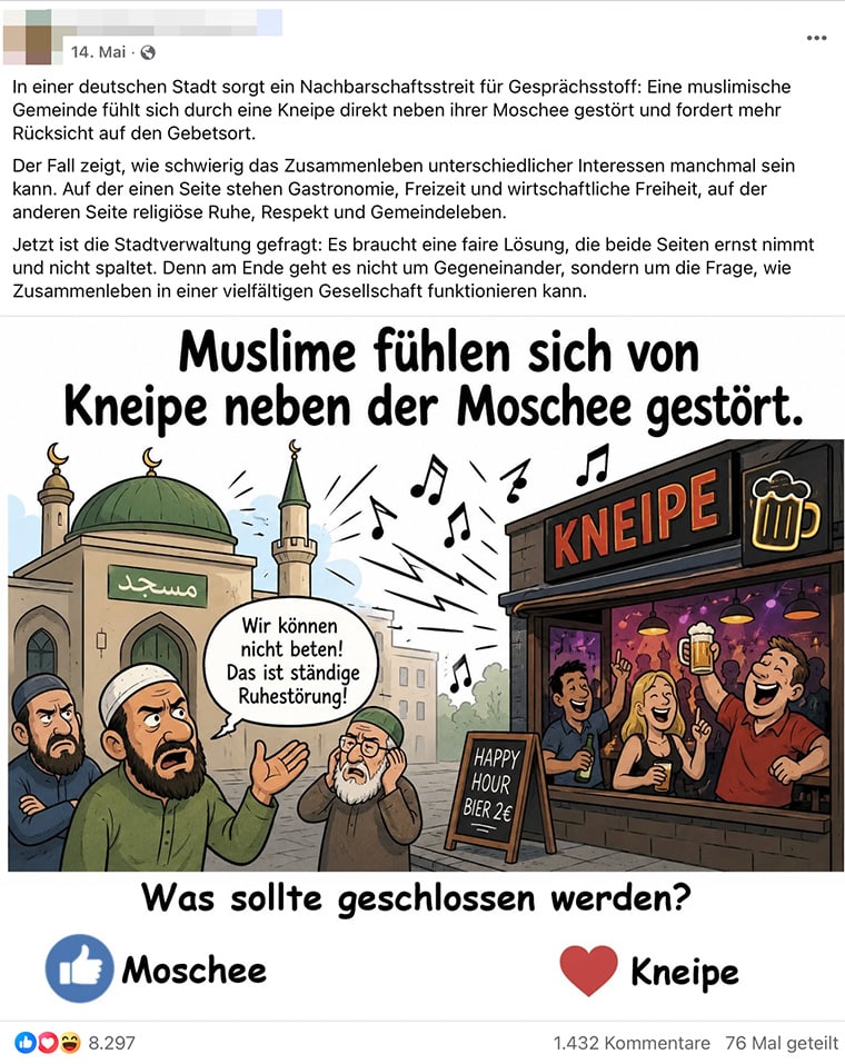 Kneipe und Moschee im Streit über KI-generierte Bilder.