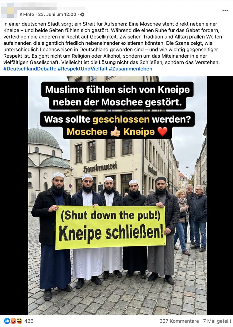 Streit zwischen Kneipe und Moschee über KI-generierte Bilder.
