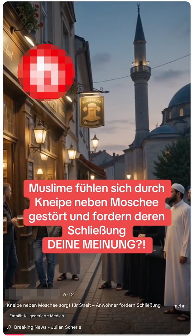 Screenshot eines Social-Media-Beitrags mit KI-generiertem Bild zu einem angeblichen Streit zwischen Moschee und Kneipe