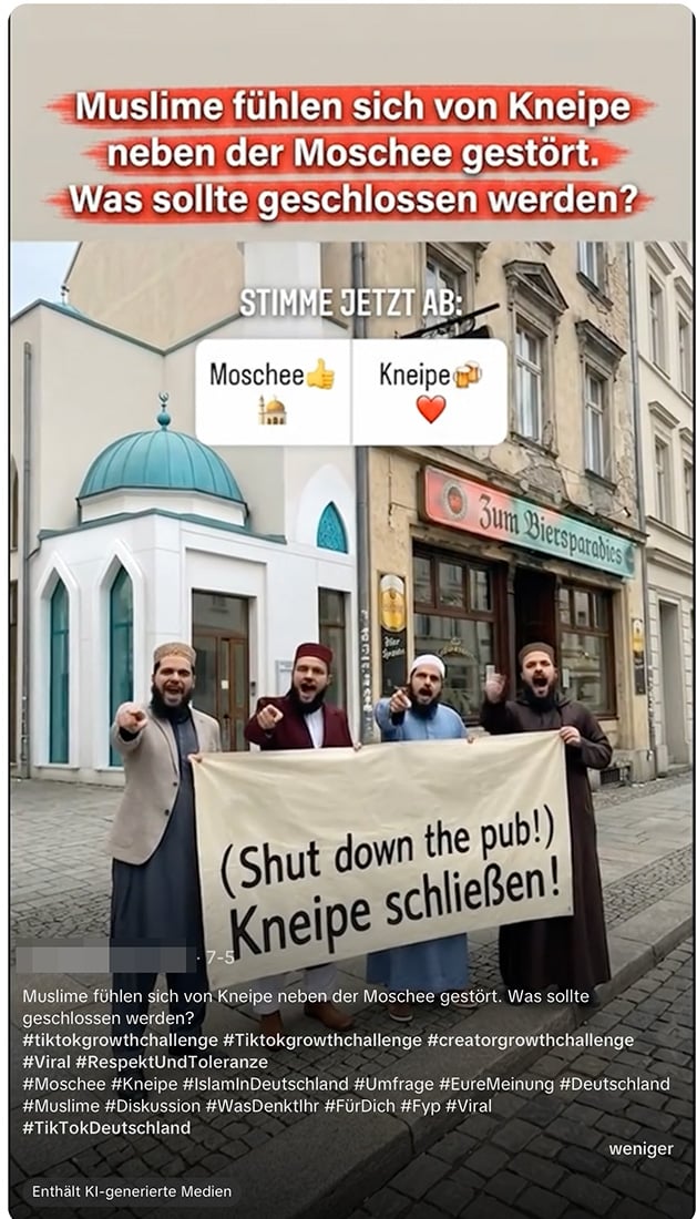 Screenshot eines Social-Media-Beitrags mit KI-generiertem Bild zu einem angeblichen Streit zwischen Moschee und Kneipe