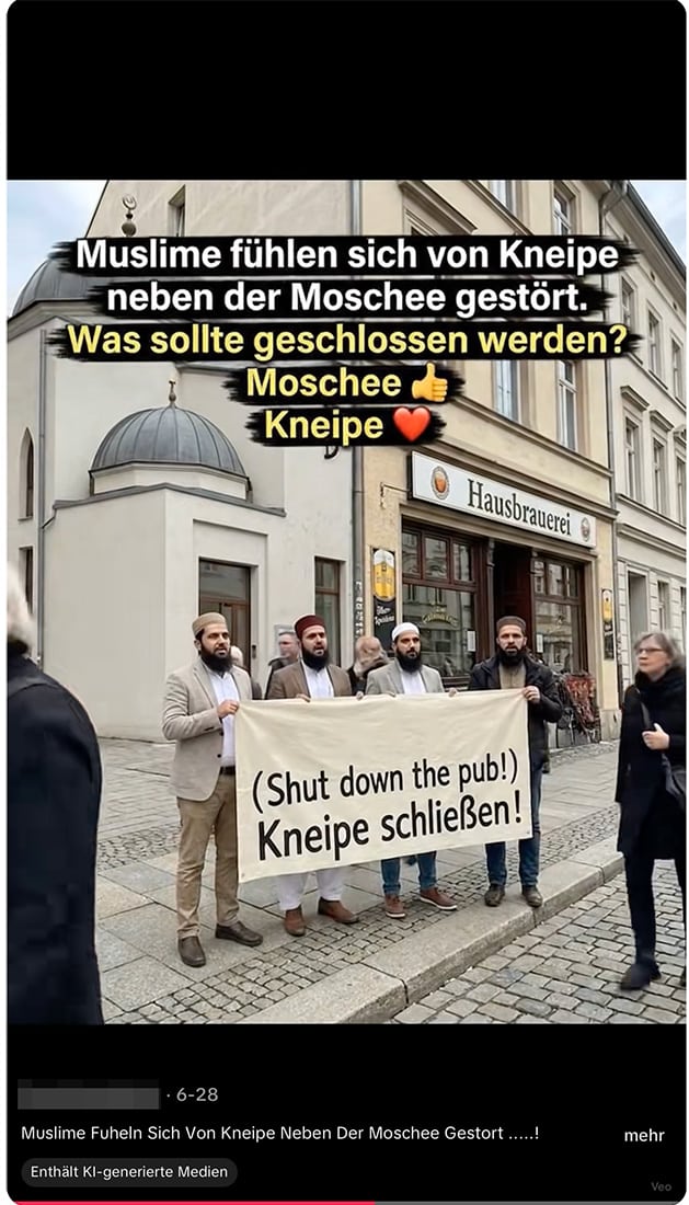 Streit zwischen einer Kneipe und einer Moschee, symbolisiert durch KI-generierte Bilder.