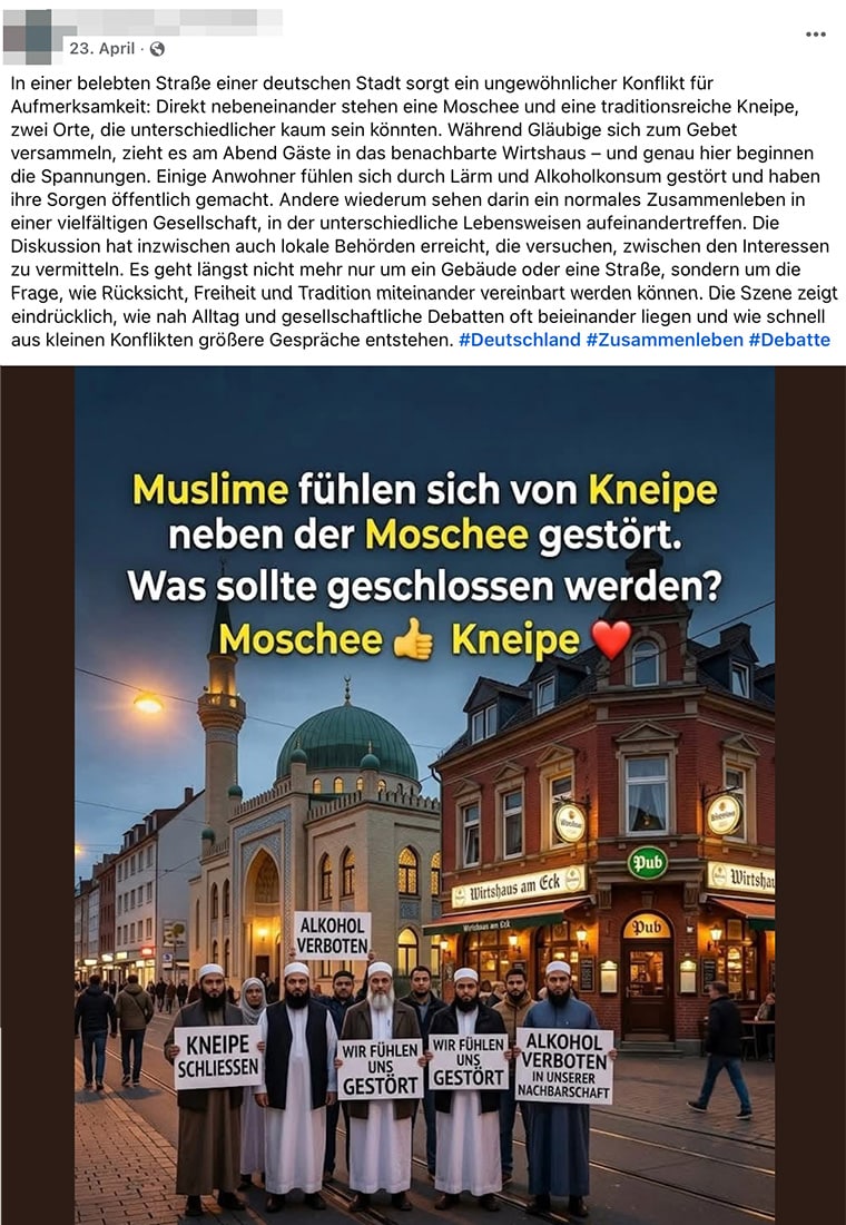 Streit zwischen Moschee und Kneipe, KI-generierte Bilder zeigen Konflikt.