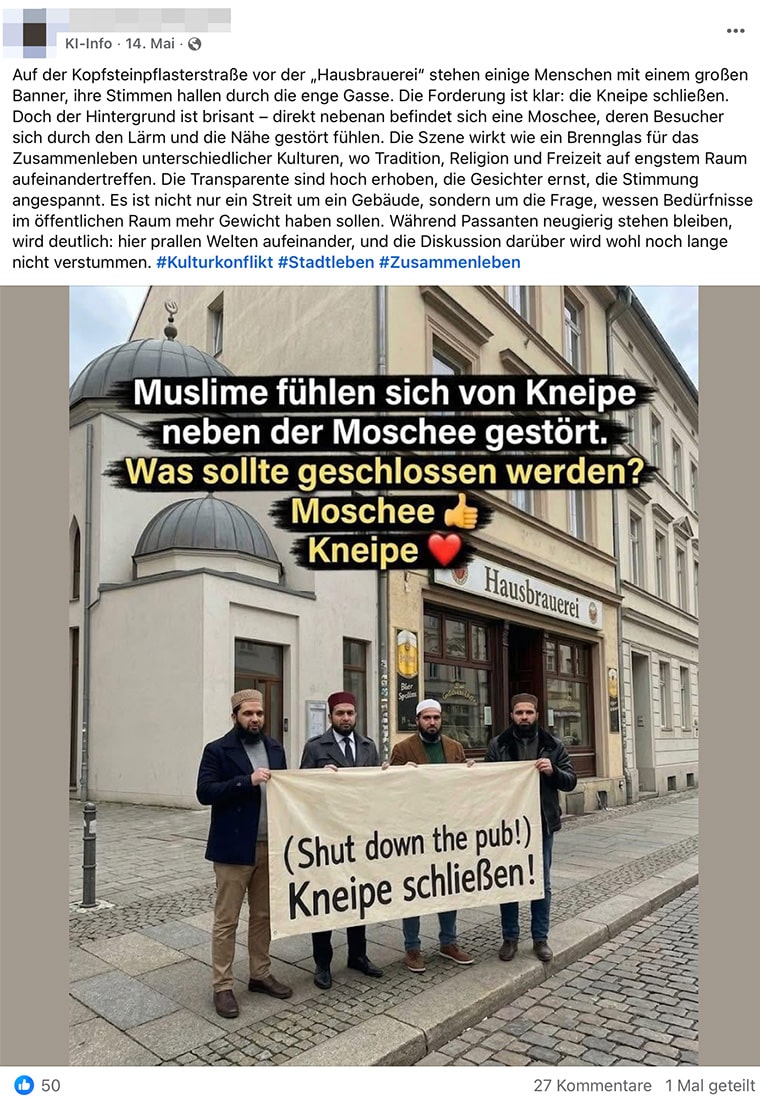 Konflikt zwischen Moschee und Kneipe über KI-generierte Bilder.