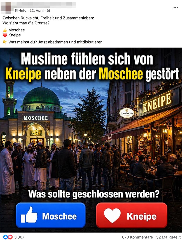 Streit zwischen Moschee und Kneipe wegen KI-generierter Bilder.