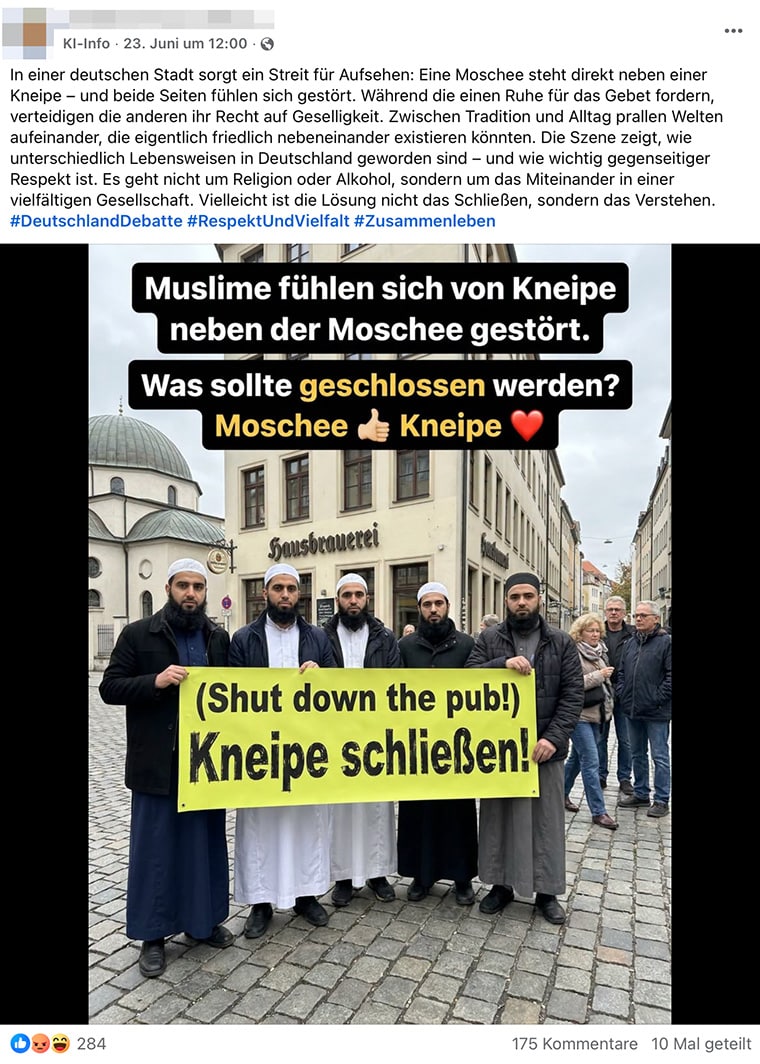 Konflikt zwischen einer Moschee und einer Kneipe, symbolisch dargestellt.
