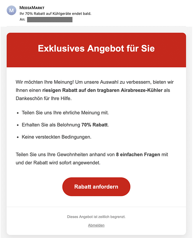 Screenshot: Fake Umfrage mit angeblichem MediaMarkt Rabatt