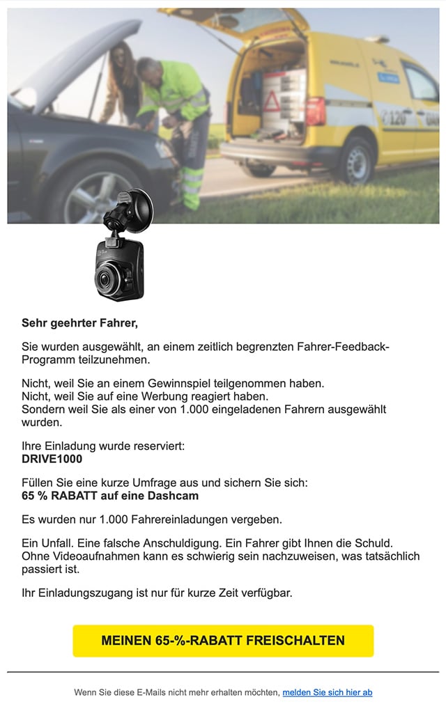Screenshot: „ÖAMTC Prämien-Hinweis“: Fake-Mail mit angeblichem Dashcam-Rabatt