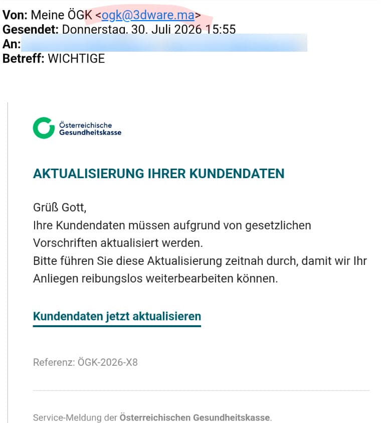 Screenshot: Fake Mail zur ÖGK Datenaktualisierung
