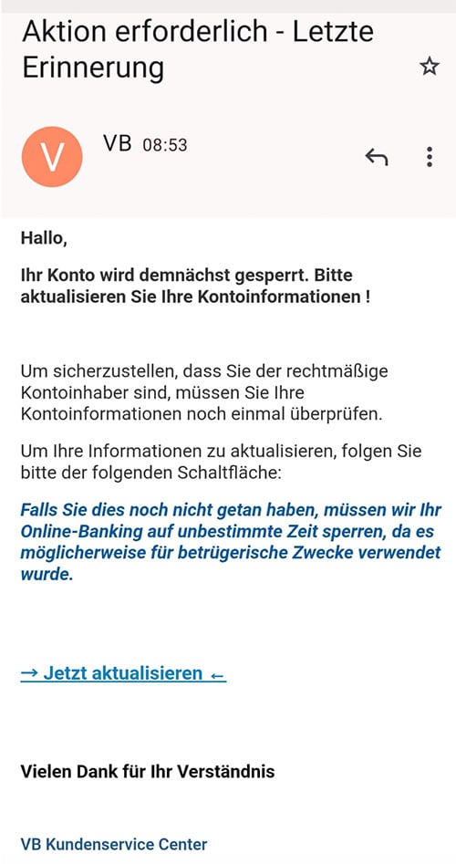 Screenshot: Fake-Mail der Volksbank (VB) fordert Kontodaten